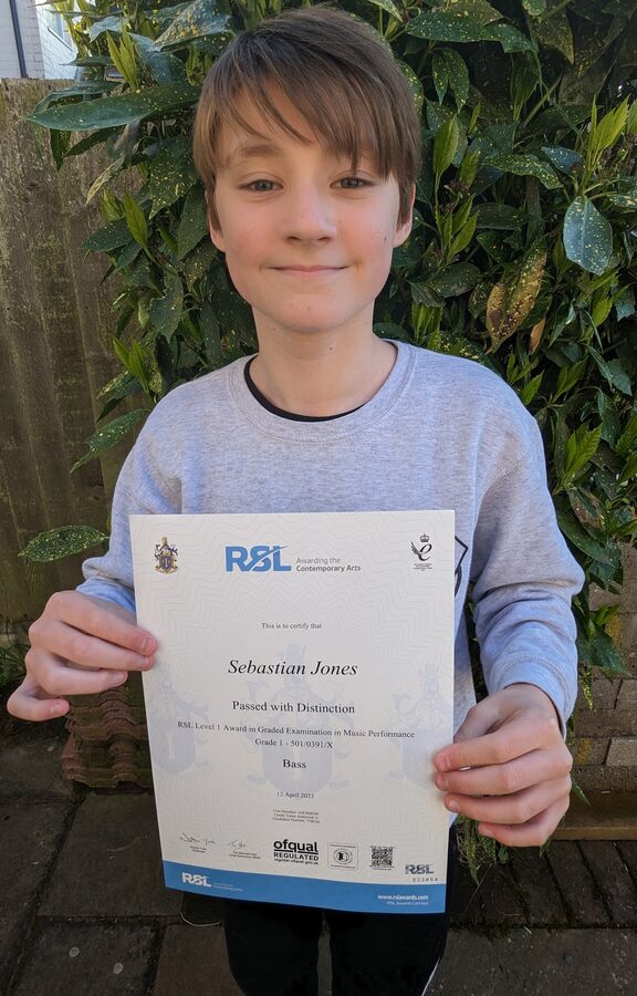 Sebastian Jones passes Grade 1 Bass with Distinction